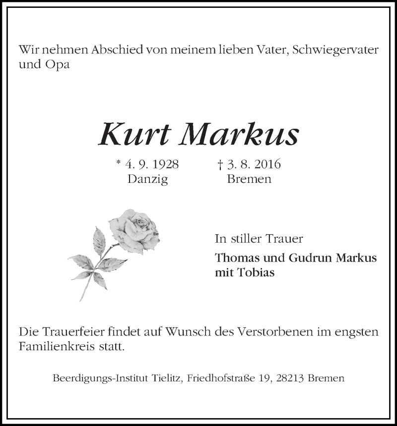 Traueranzeige von Kurt Markus von WESER-KURIER