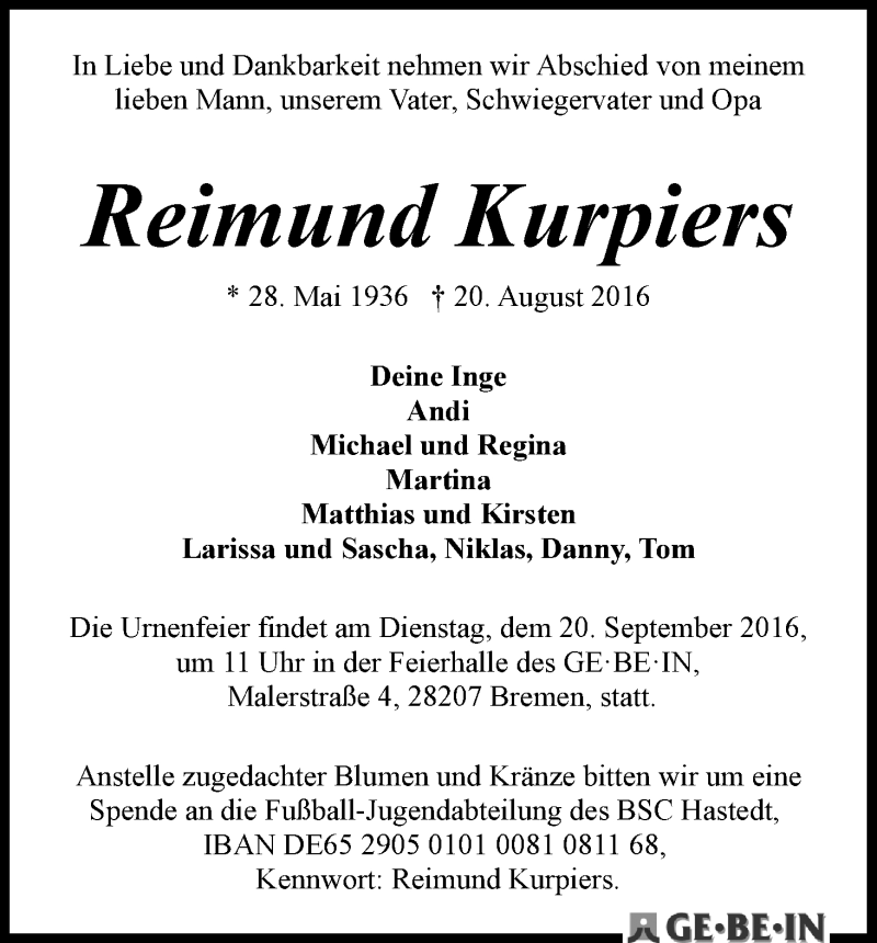 Traueranzeige von Reimund Kurpiers von WESER-KURIER