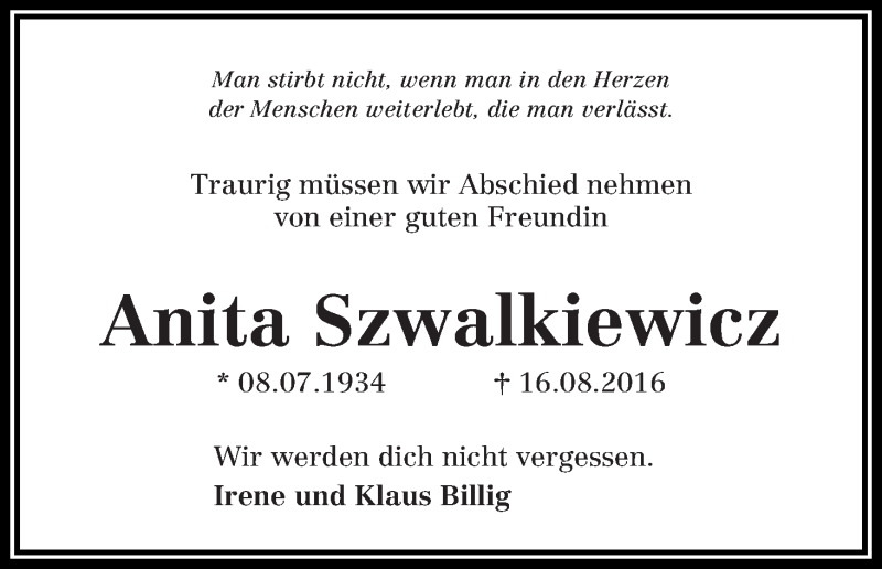 Traueranzeige von Anita Szwalkiewicz von Die Norddeutsche