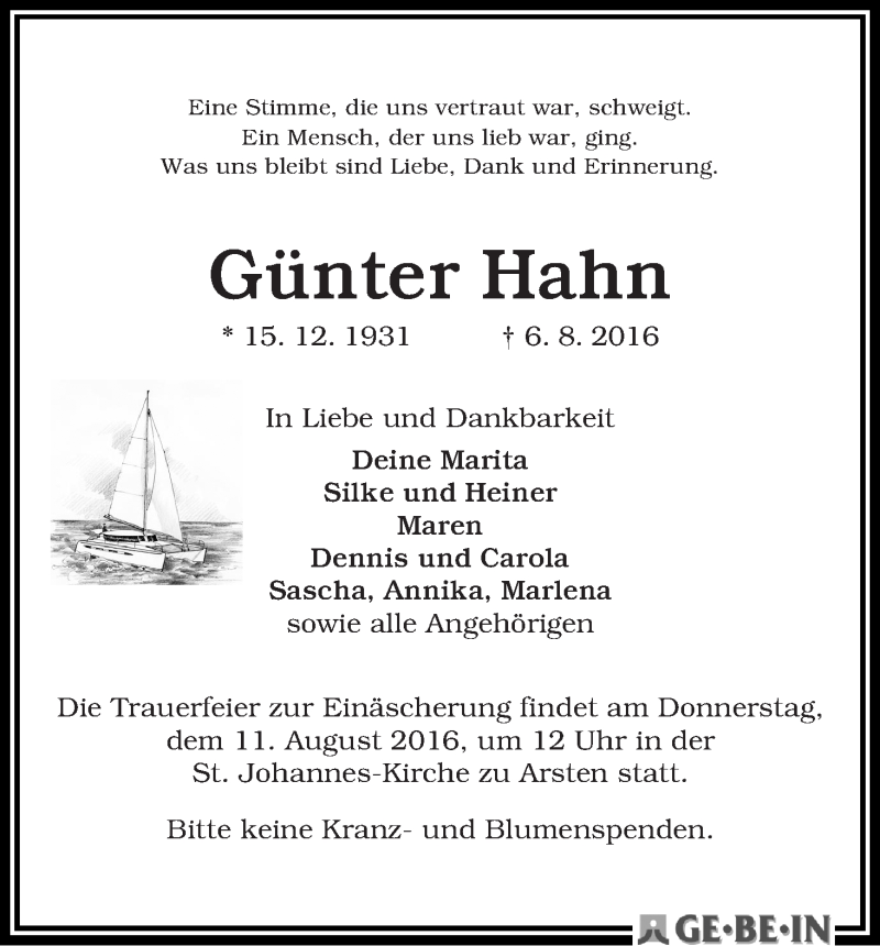Traueranzeige von Günter Hahn von WESER-KURIER