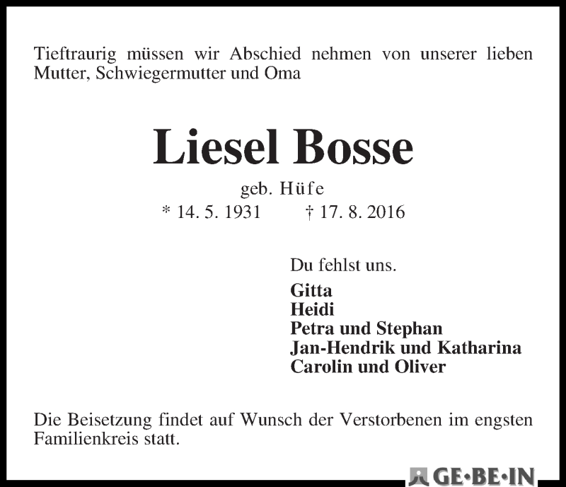 Traueranzeige von Liesel Bosse von Die Norddeutsche