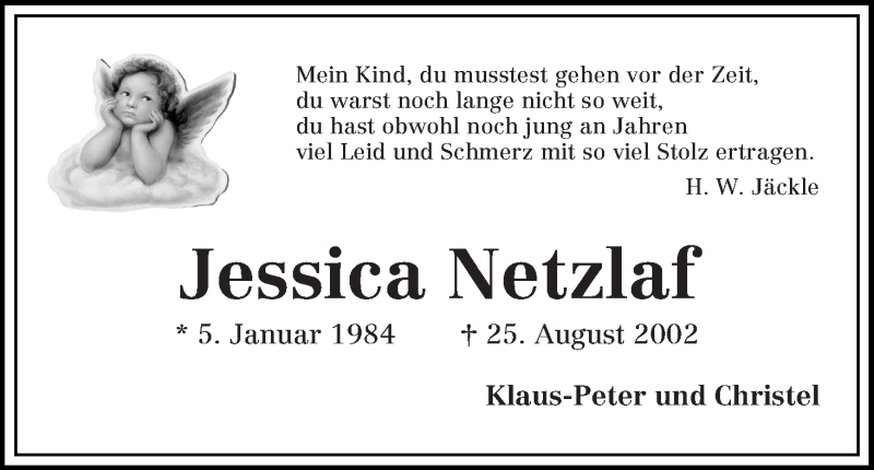  Traueranzeige für Jessica Netzlaf vom 25.08.2016 aus Die Norddeutsche