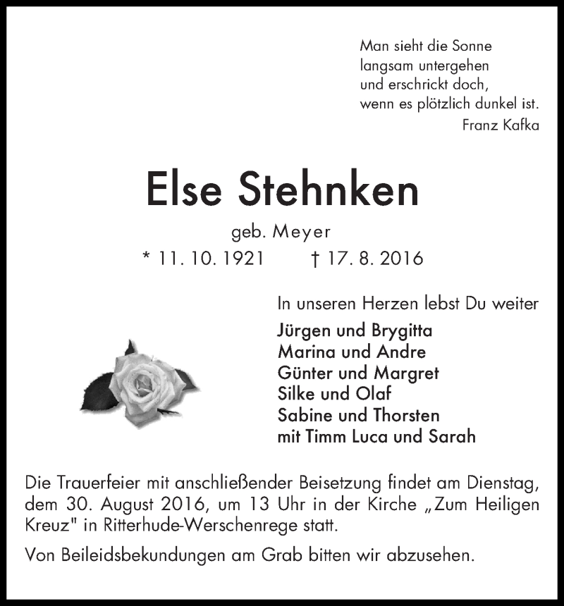 Traueranzeige von Else Stehnken von Osterholzer Kreisblatt