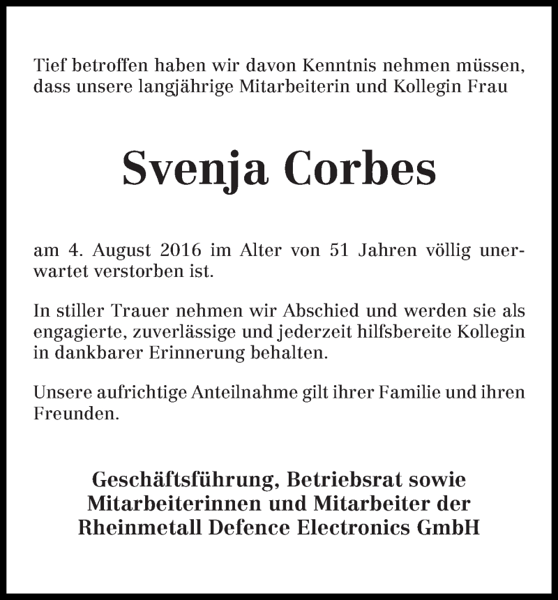 Traueranzeige von Svenja Corbes von Osterholzer Kreisblatt