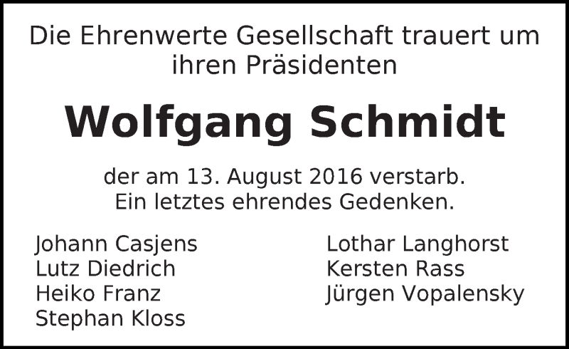 Traueranzeige von Wolfgang Schmidt von Die Norddeutsche