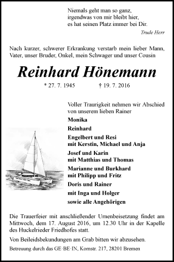 Traueranzeige von Reinhard Hönemann