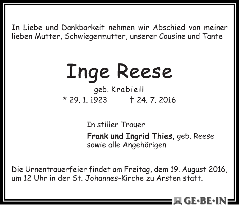 Traueranzeige von Inge Reese von WESER-KURIER