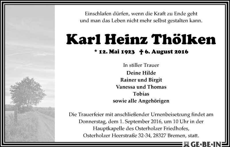 Traueranzeige von Karl-Heinz Thölken von WESER-KURIER