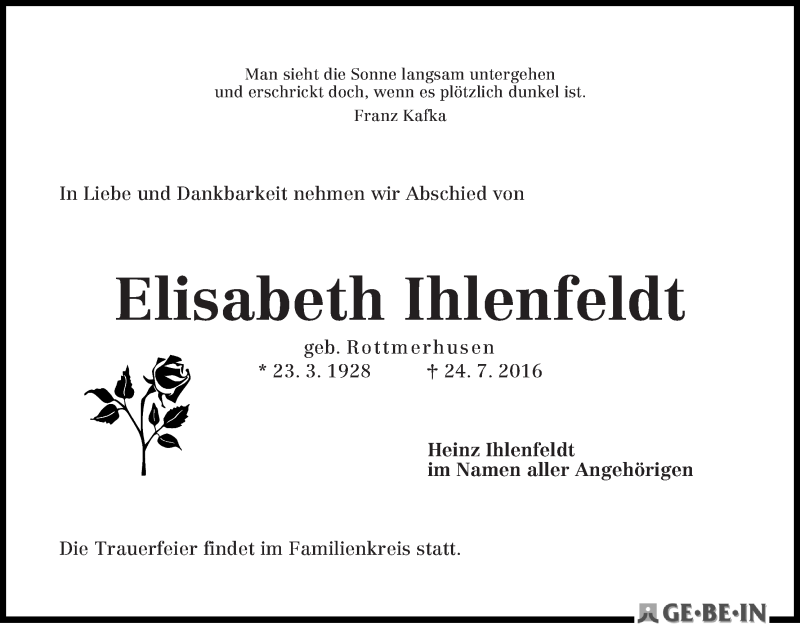 Traueranzeige von Elisabeth Ihlenfeldt von WESER-KURIER