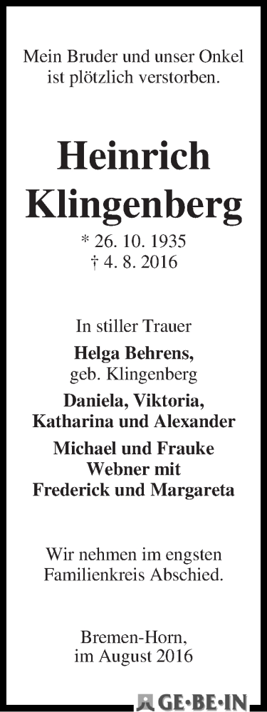 Traueranzeige von Heinrich Klingenberg von WESER-KURIER