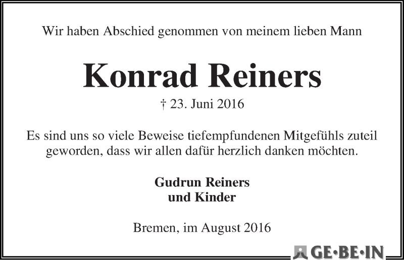 Traueranzeige von Konrad Reiners von WESER-KURIER