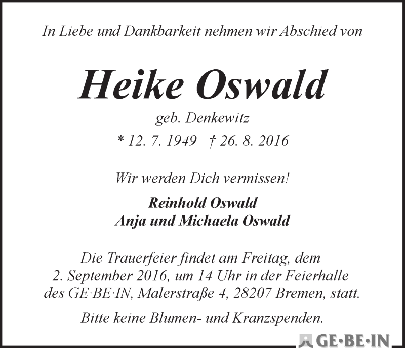 Traueranzeige von Heike Oswald von WESER-KURIER