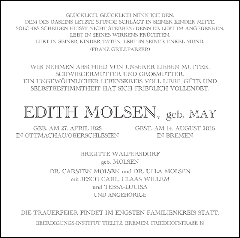 Traueranzeige von Edith Molsen von WESER-KURIER