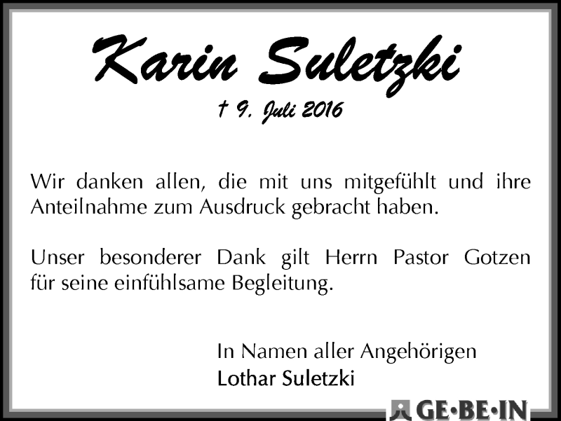 Traueranzeige von Karin Suletzki von WESER-KURIER