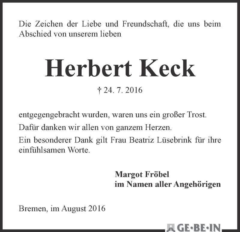 Traueranzeige von Herbert Keck von WESER-KURIER