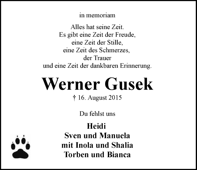 Traueranzeige von Werner Gusek von Wuemme Zeitung