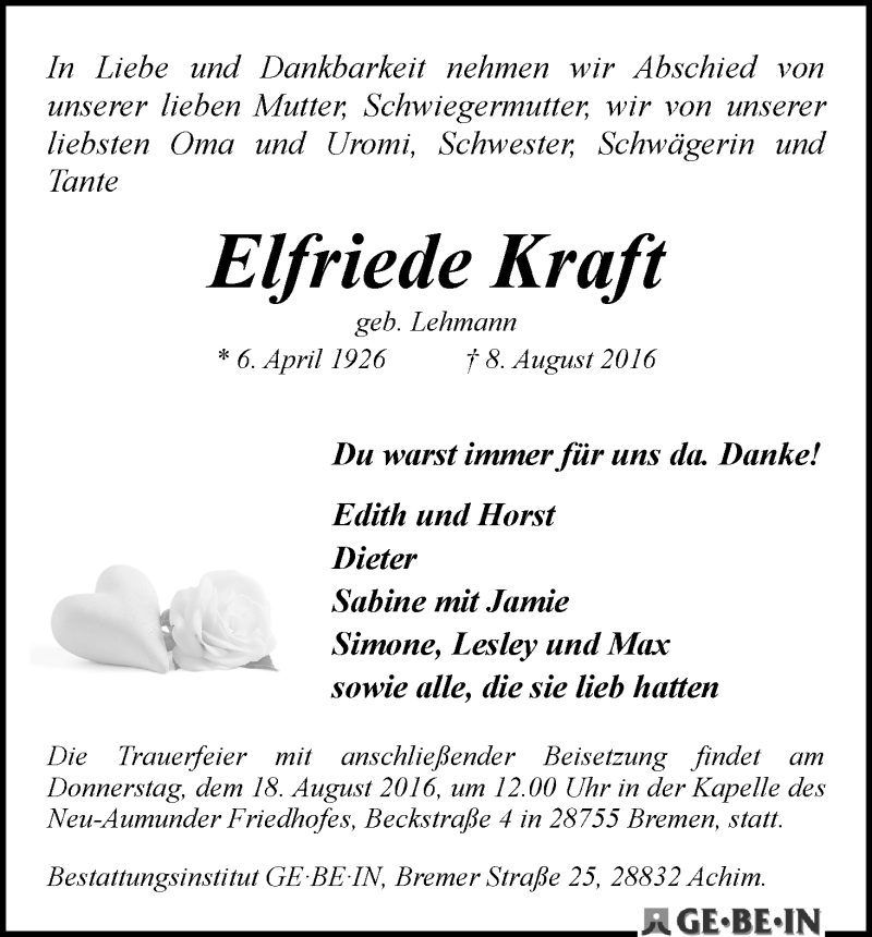 Traueranzeige von Elfriede Kraft von WESER-KURIER