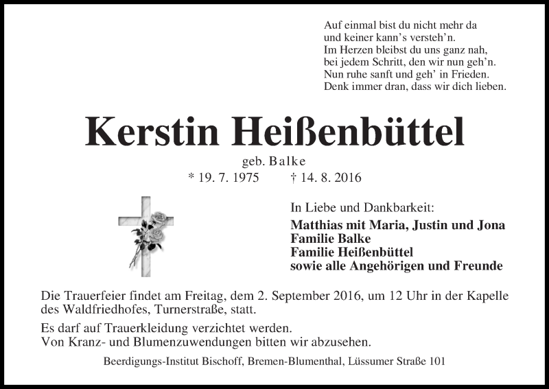 Traueranzeige von Kerstin Heißenbüttel von Die Norddeutsche