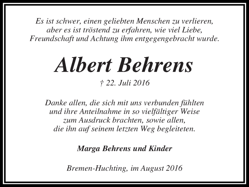 Traueranzeige von Albert Behrens von Wuemme Zeitung