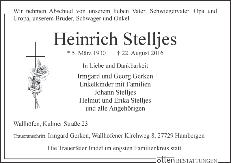 Traueranzeige von Heinrich Stelljes von Osterholzer Kreisblatt