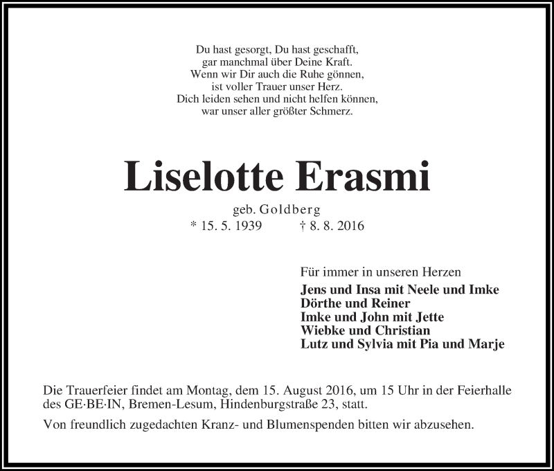 Traueranzeige von Liselotte Erasmi von Die Norddeutsche