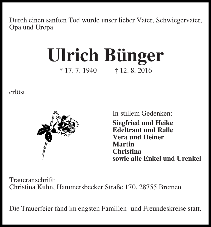 Traueranzeige von Ulrich Bünger von Die Norddeutsche