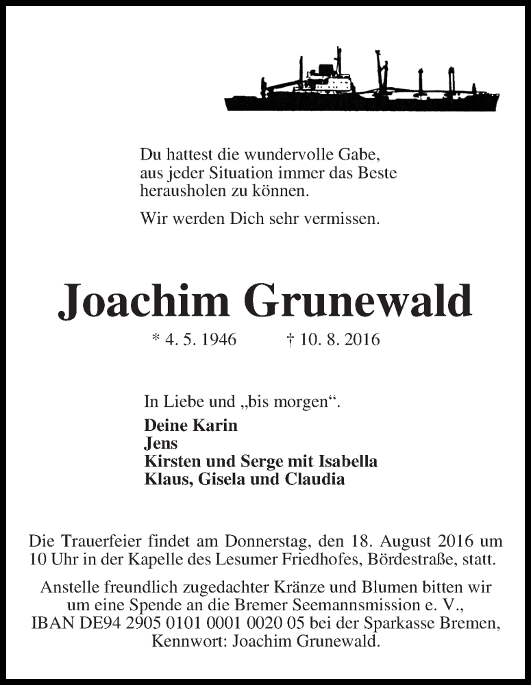 Traueranzeige von Joachim Grunewald von Die Norddeutsche