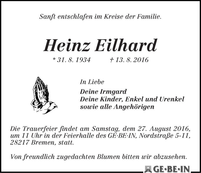 Traueranzeige von Heinz Eilhard von WESER-KURIER