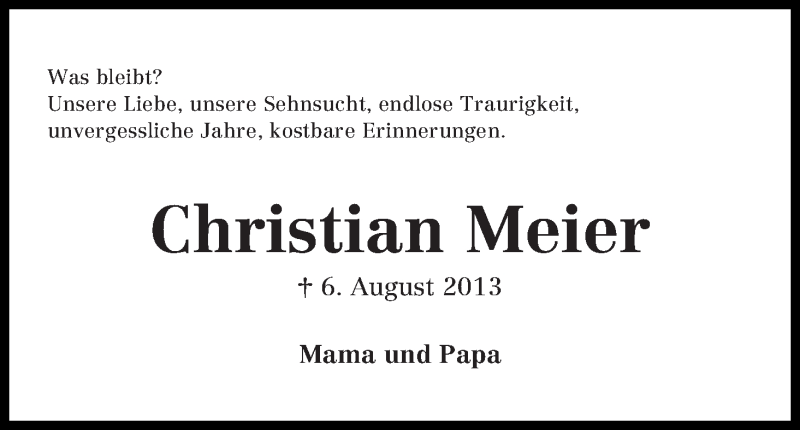  Traueranzeige für Christian Meier vom 06.08.2016 aus Wuemme Zeitung