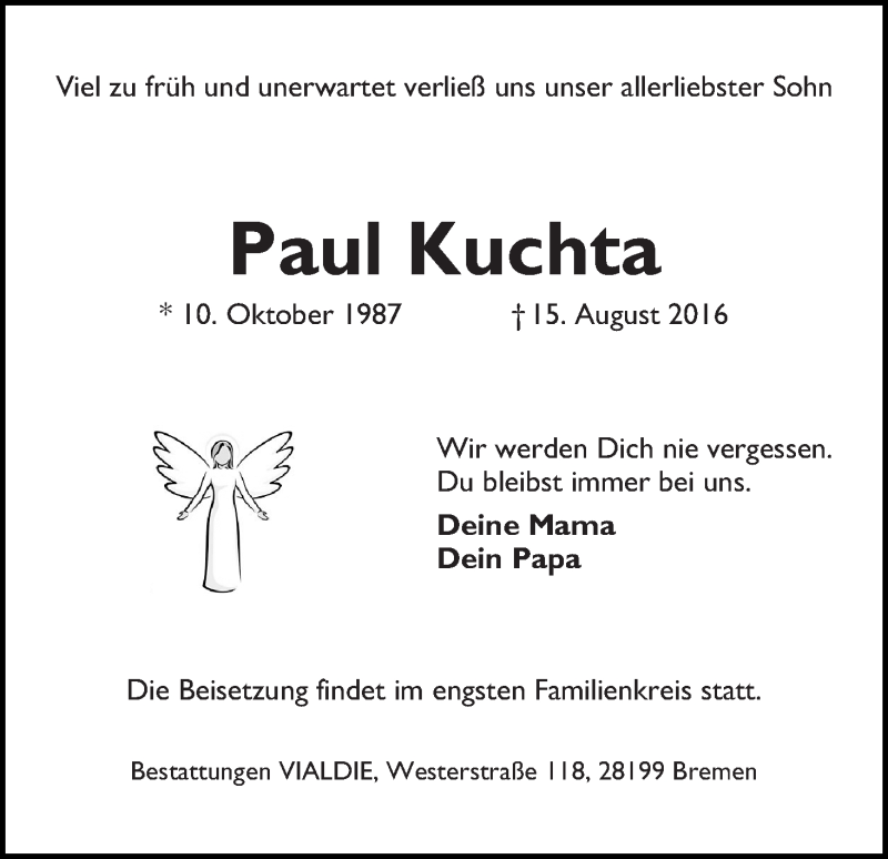  Traueranzeige für Paul Kuchta vom 20.08.2016 aus WESER-KURIER