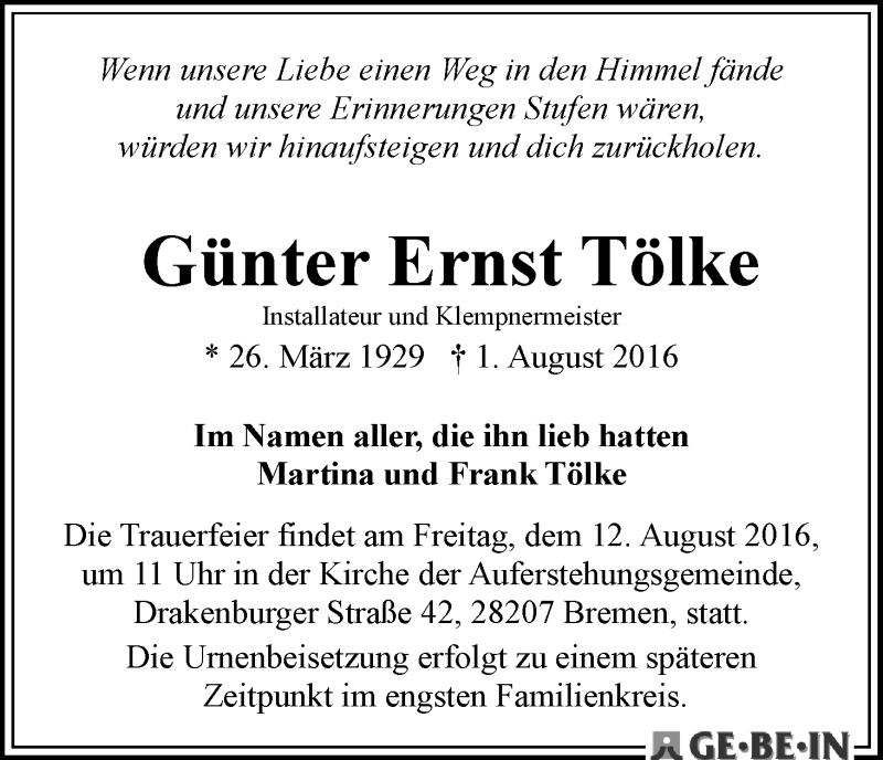  Traueranzeige für Günter Ernst Tölke vom 06.08.2016 aus WESER-KURIER