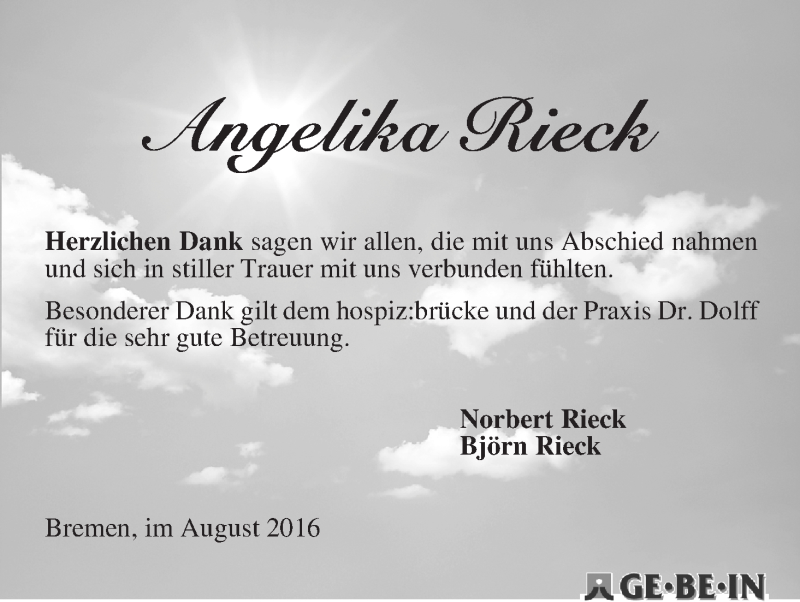 Traueranzeige von Angelika Rieck von WESER-KURIER