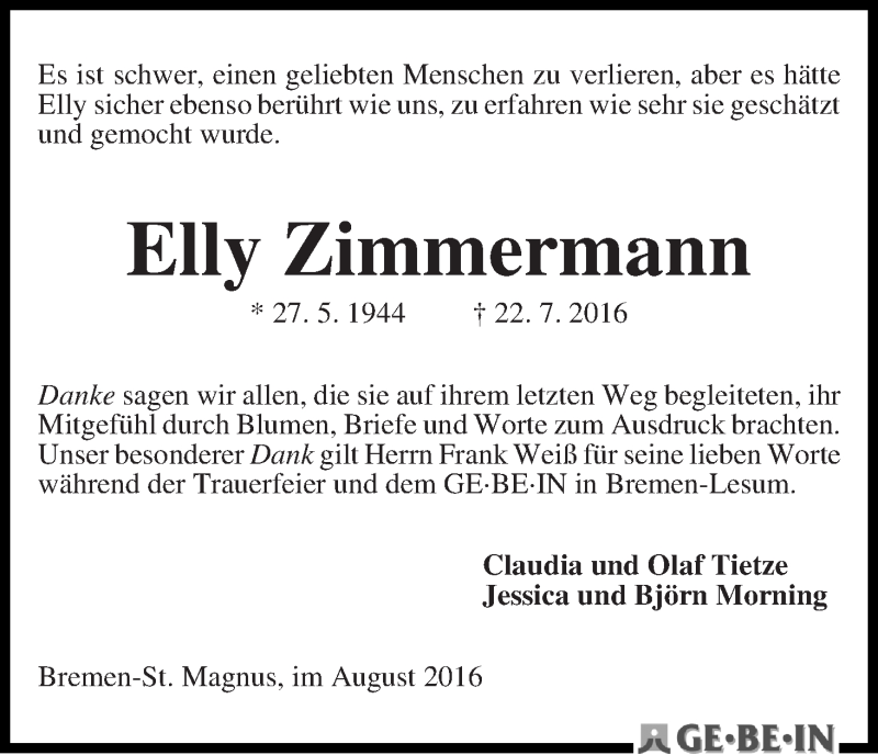 Traueranzeige von Elly Zimmermann von WESER-KURIER