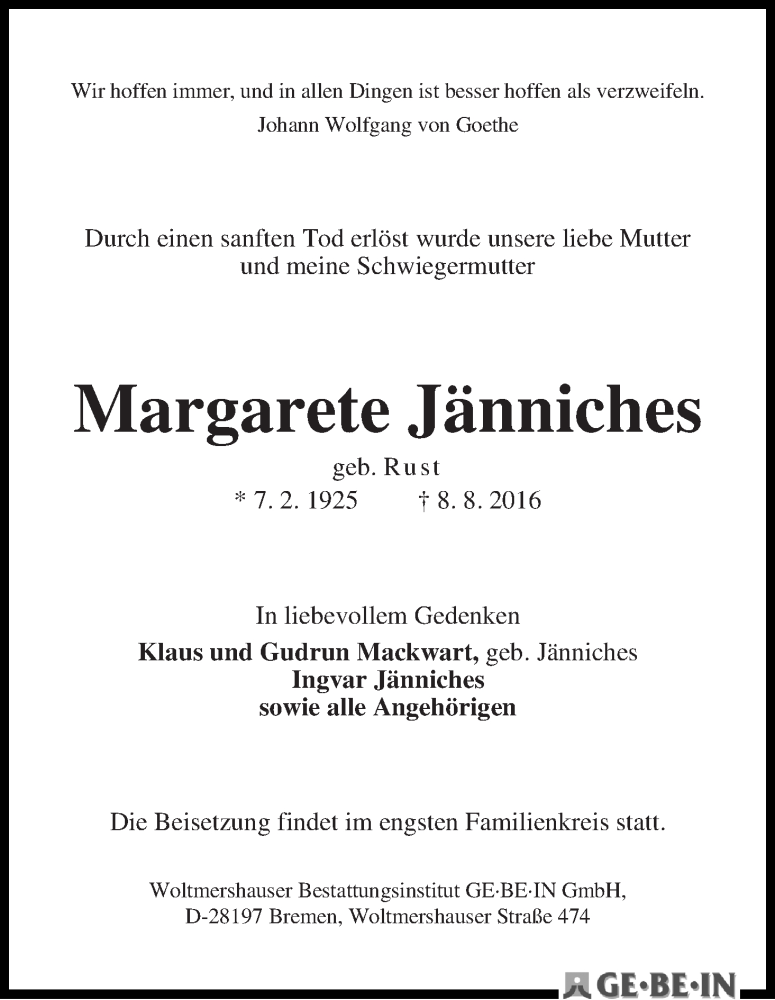 Traueranzeige von Margarete Jänniches von WESER-KURIER
