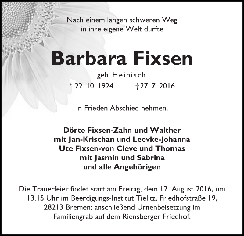 Traueranzeige von Barbara Fixsen von WESER-KURIER