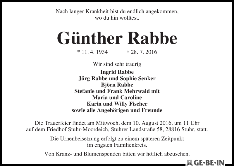 Traueranzeige von Günther Rabbe von WESER-KURIER