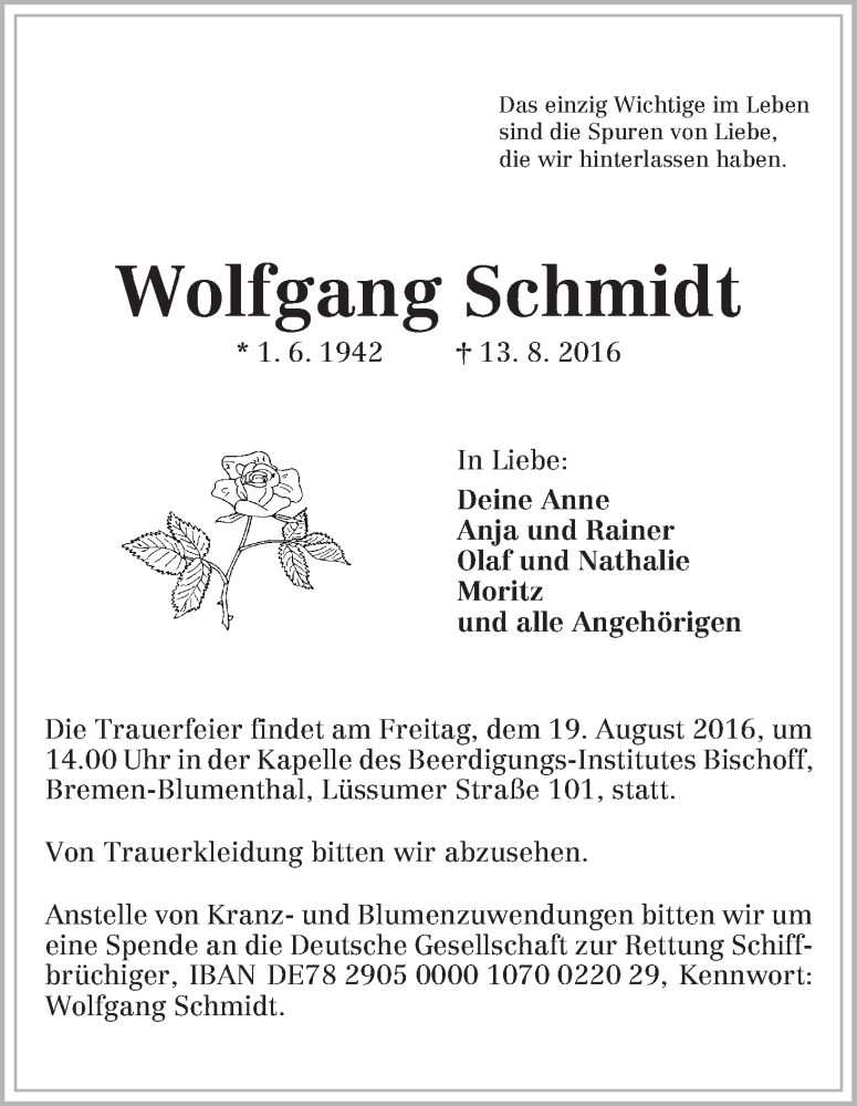 Traueranzeige von Wolfgang Schmidt von Die Norddeutsche