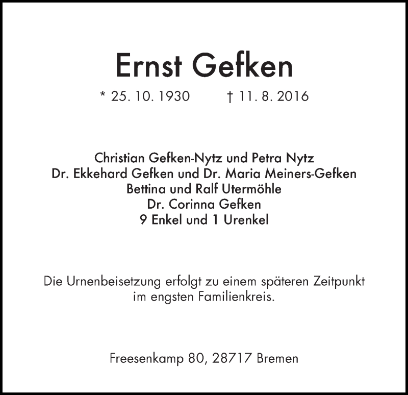 Traueranzeige von Ernst Gefken von WESER-KURIER