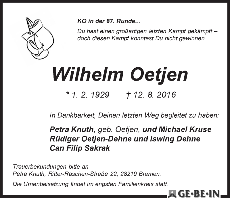 Traueranzeige von Wilhelm Oetjen von WESER-KURIER