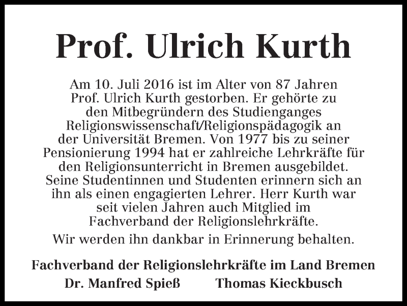  Traueranzeige für Ulrich Kurth vom 12.08.2016 aus WESER-KURIER