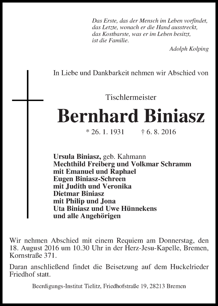 Traueranzeige von Bernhard Biniasz von WESER-KURIER