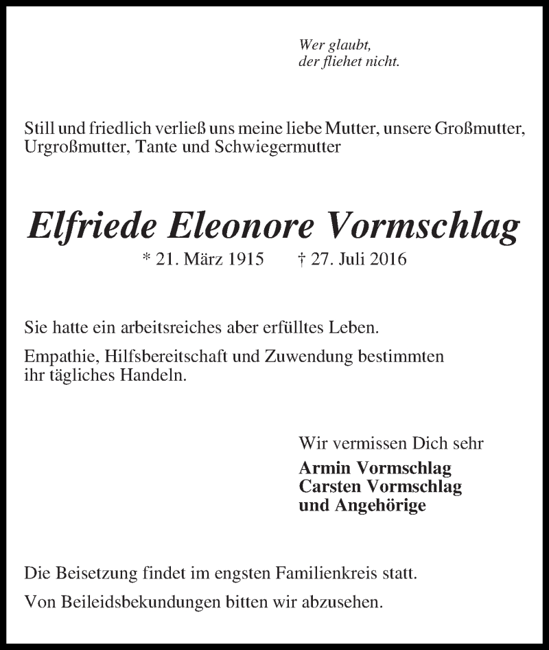 Traueranzeige von Elfriede Eleonore Vormschlag von WESER-KURIER
