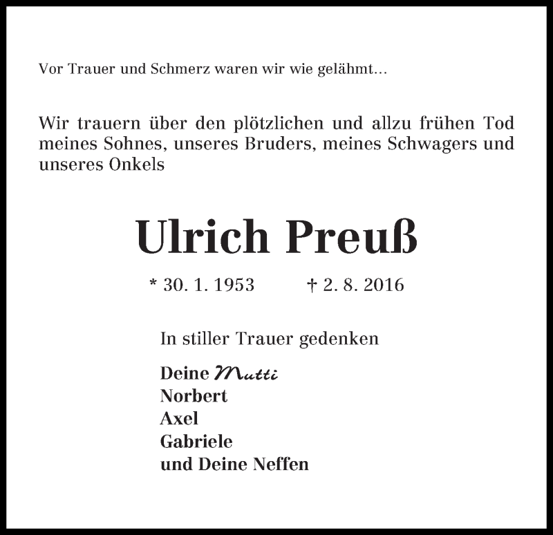 Traueranzeige von Ulrich Preuß von WESER-KURIER