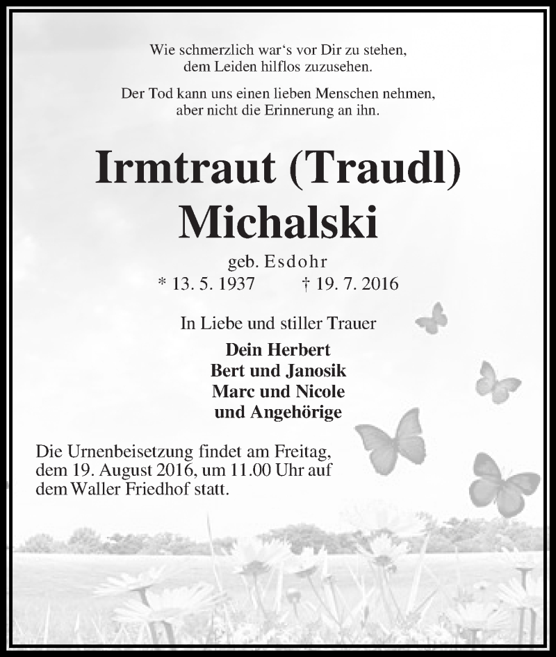 Traueranzeige von Irmtraut  Michalski von WESER-KURIER