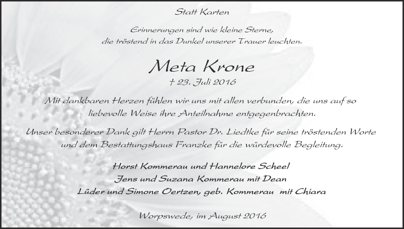 Traueranzeige von Meta Krone von Wuemme Zeitung