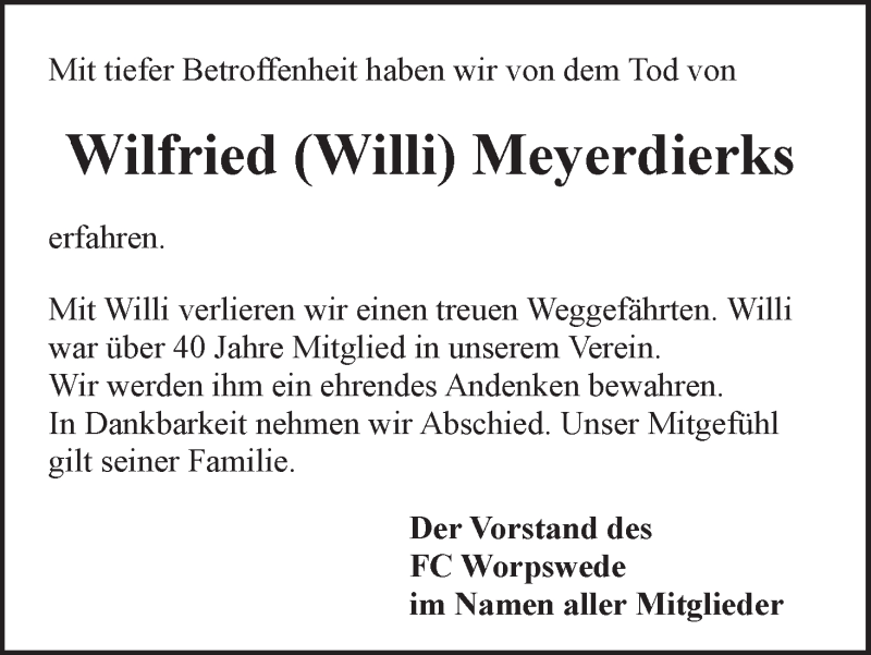 Traueranzeige von Wilfried (Willi) Meyerdierks von Wuemme Zeitung