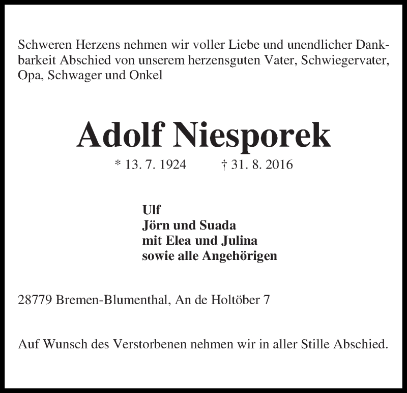Traueranzeige von Adolf Niesporek von Die Norddeutsche