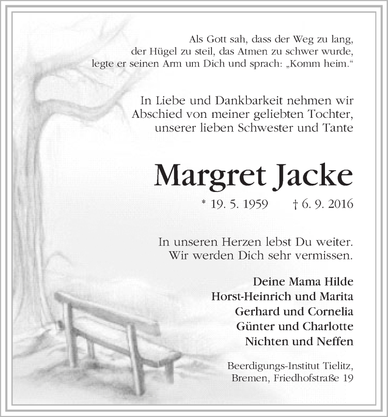 Traueranzeige von Margarete Jacke von WESER-KURIER