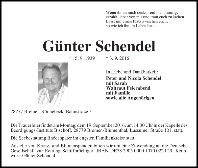 Traueranzeige von Günter Schendel von Die Norddeutsche