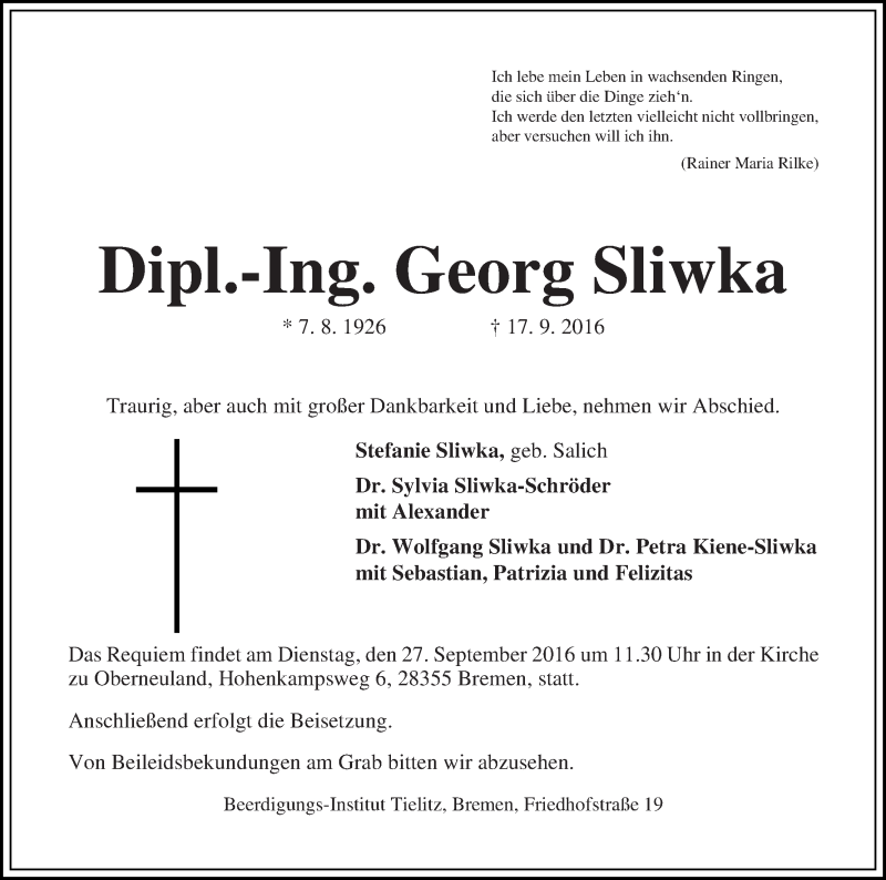 Traueranzeige von Georg Sliwka von WESER-KURIER